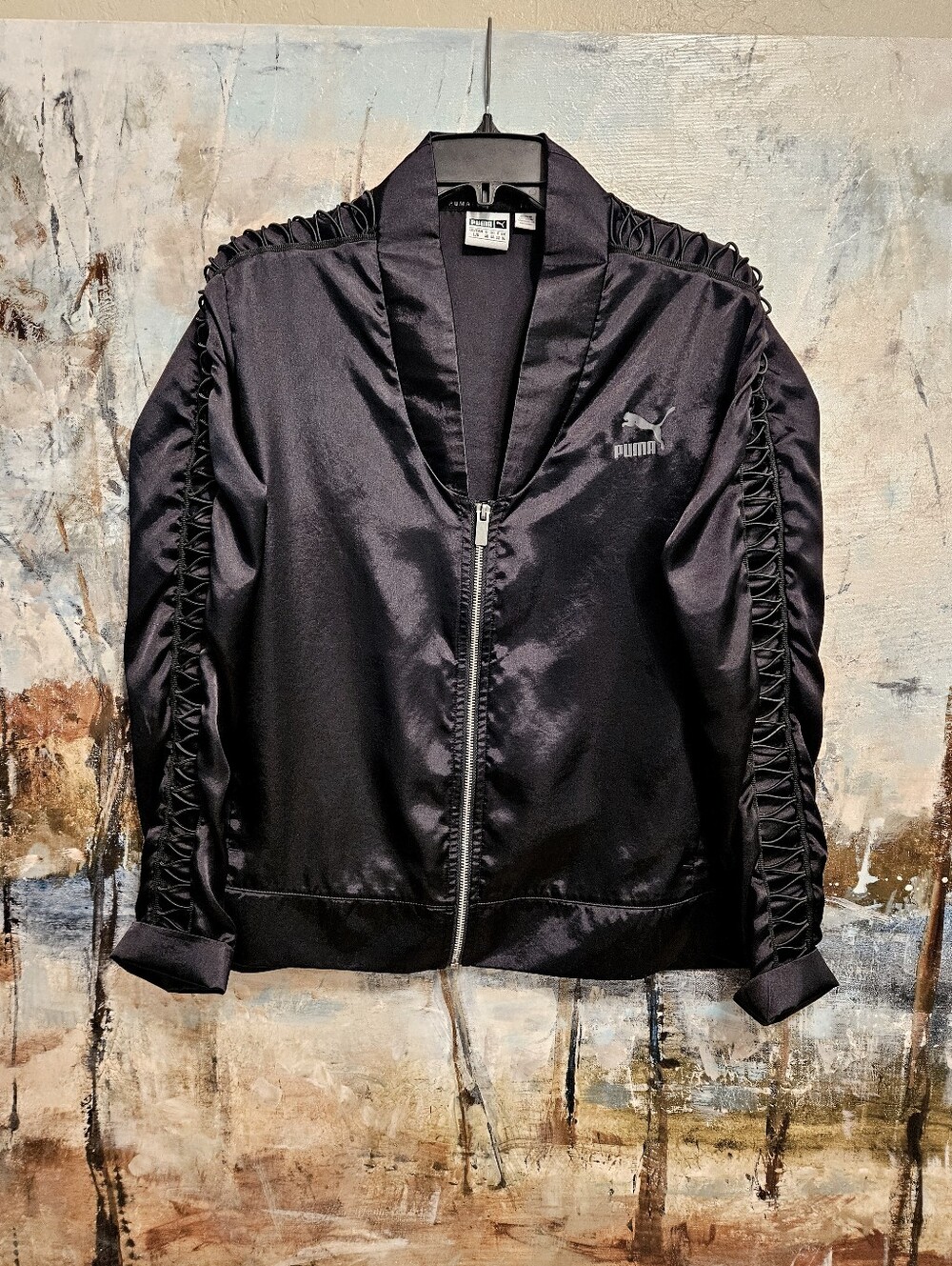 Puma Black Satin Bomber Jacket with Braided Sleeve Detail